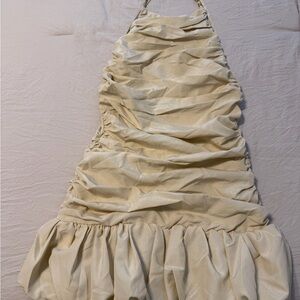 PrettyLittleThing Backless Ruched Halter Dress in Beige